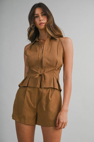 Pinstripe Collared Top And Shorts Set