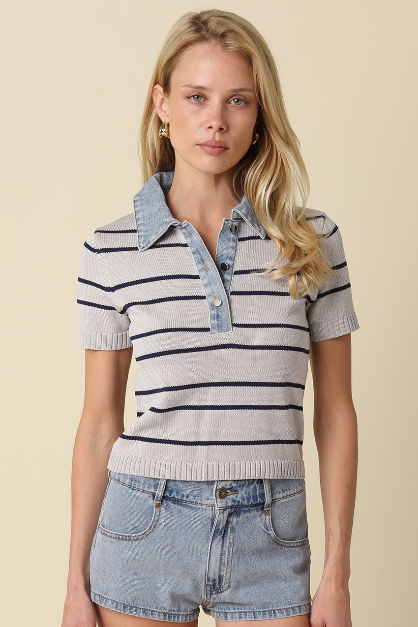 Shyla Striped Top- Grey/Navy