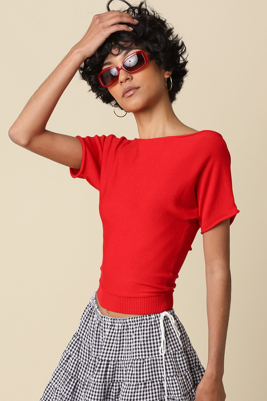 Angela Boat Neck Cinched Tee- Red