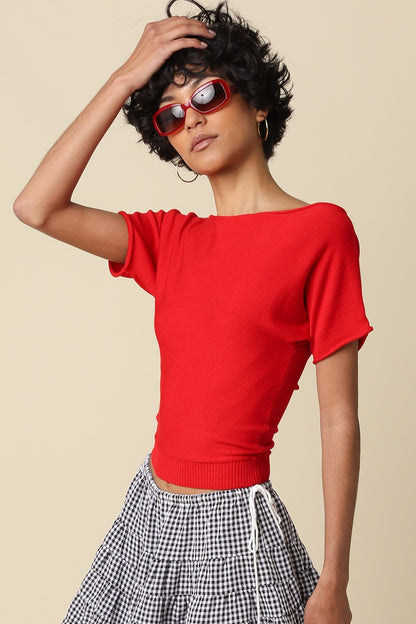 Angela Boat Neck Cinched Tee- Red
