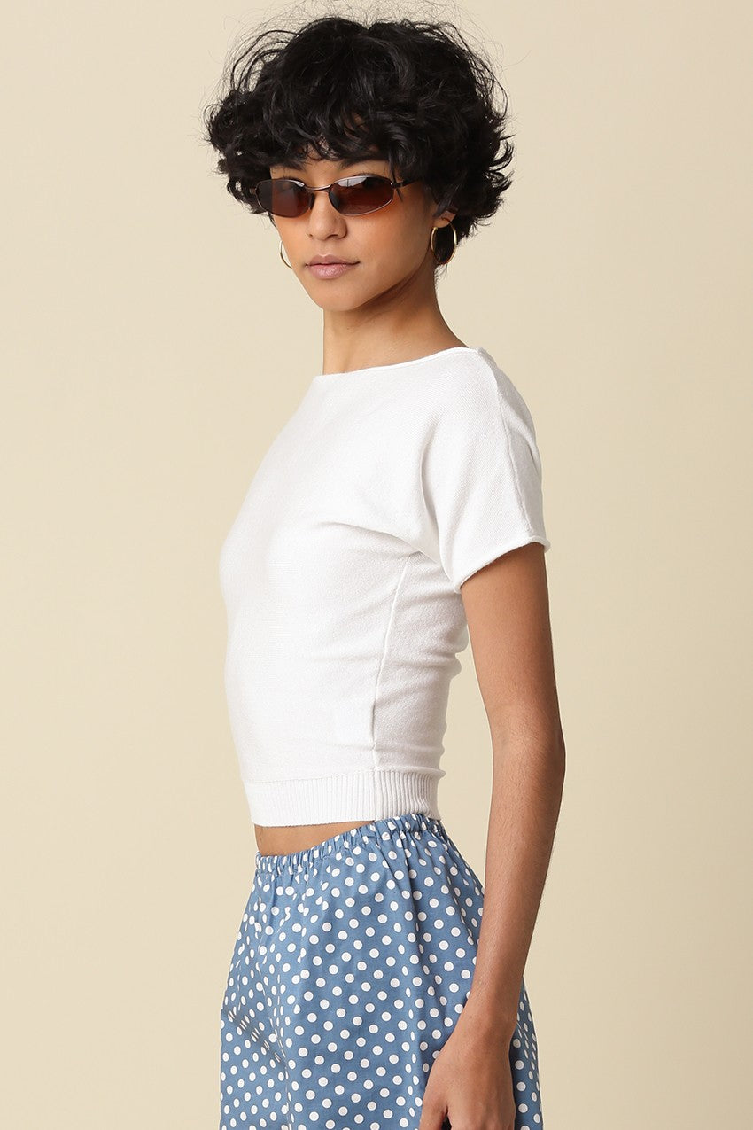 Angela Boat Neck Cinched Tee- Ivory
