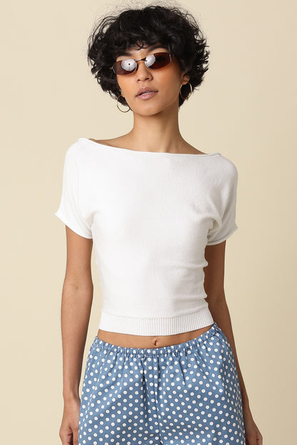 Angela Boat Neck Cinched Tee- Ivory