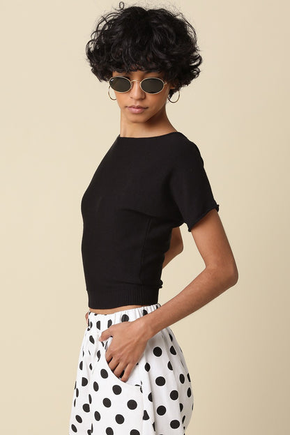Angela Boat Neck Cinched Tee- Black