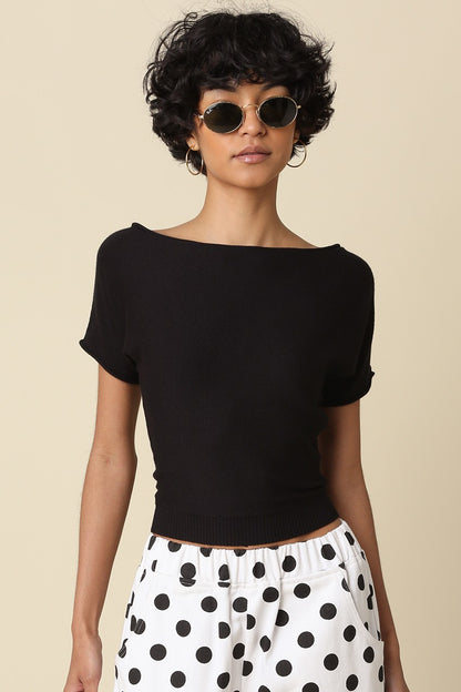 Angela Boat Neck Cinched Tee- Black
