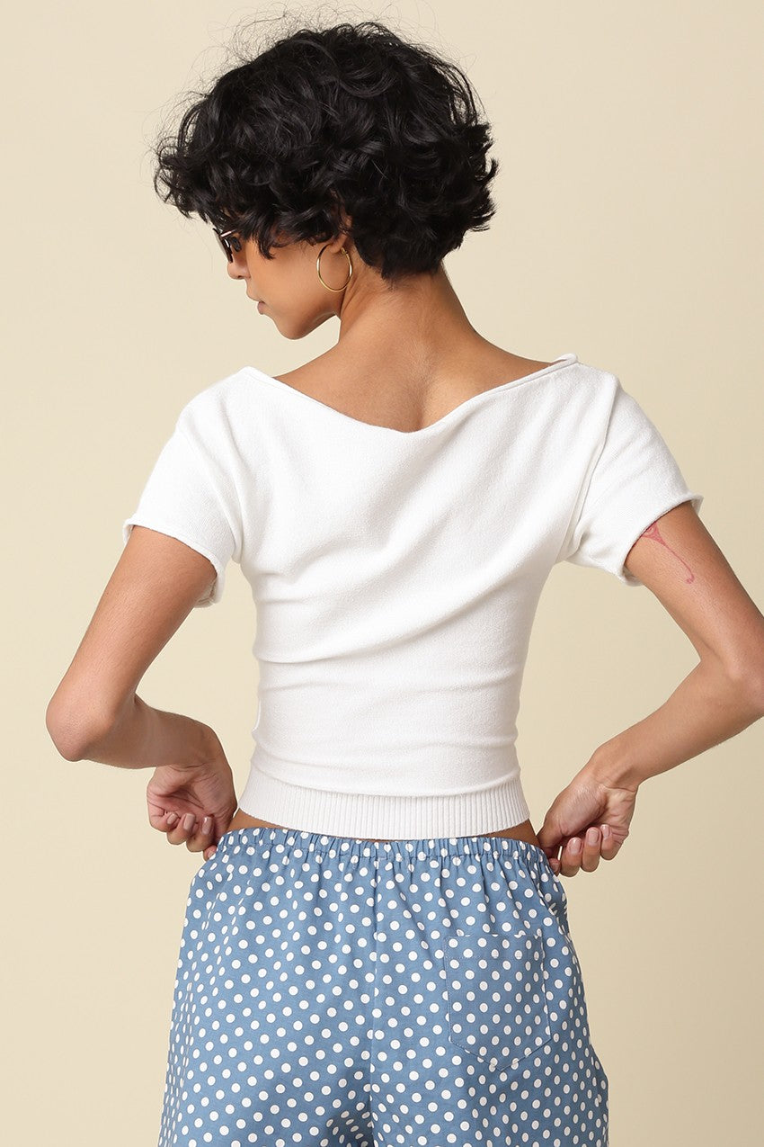 Angela Boat Neck Cinched Tee- Ivory