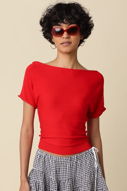 Angela Boat Neck Cinched Tee- Red