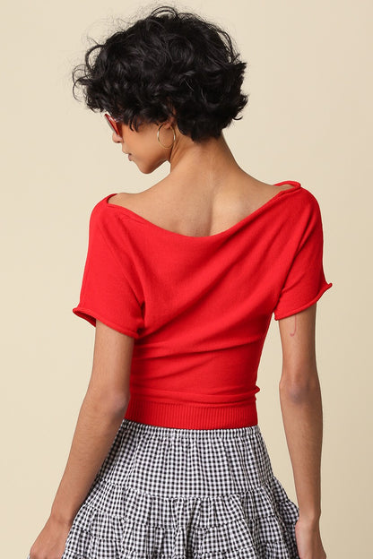 Angela Boat Neck Cinched Tee- Red