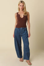 Coco Notch Neck Ribbed Tank- Brown