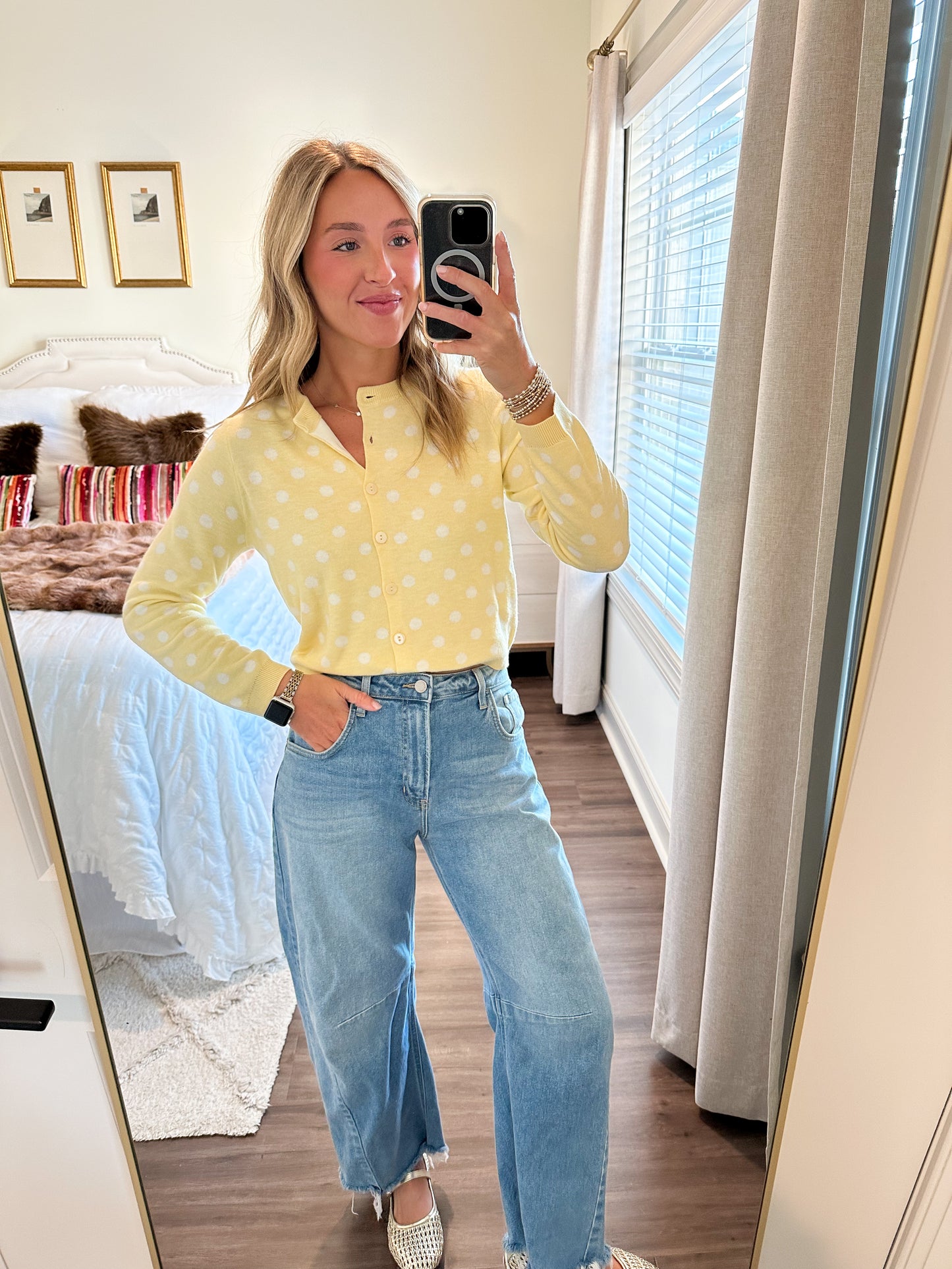 Callie Polka Dot Cropped Cardigan- Butter/White