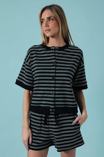 Elaine Navy-Green Stripe Set