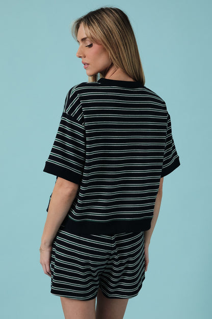 Elaine Navy-Green Stripe Set