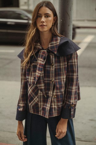 Reversible Detachable Plaid Cape Scarf Button Down Jacket