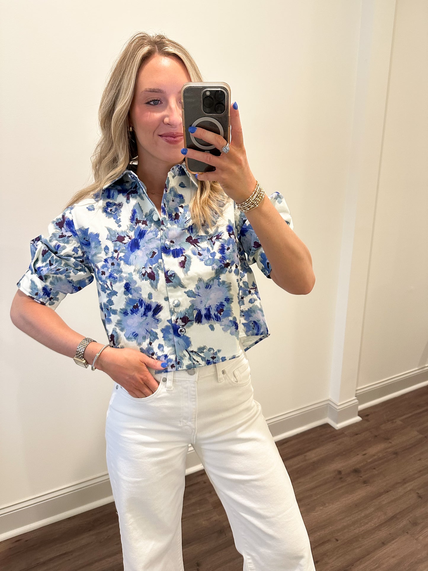Sena Floral Cropped Shirt- Blue