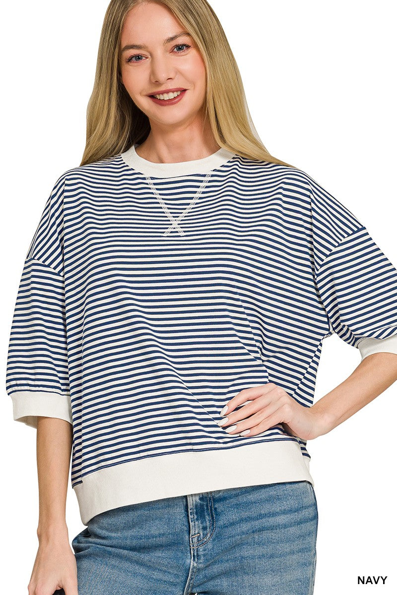 Rib Banded Short Sleeve Stripe Pullover- Navy