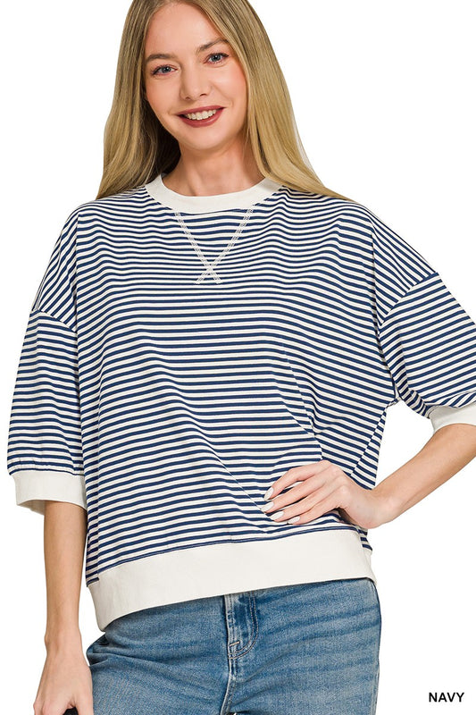 Rib Banded Short Sleeve Stripe Pullover- Navy