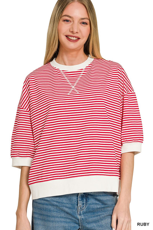 Rib Banded Short Sleeve Stripe Pullover- Ruby
