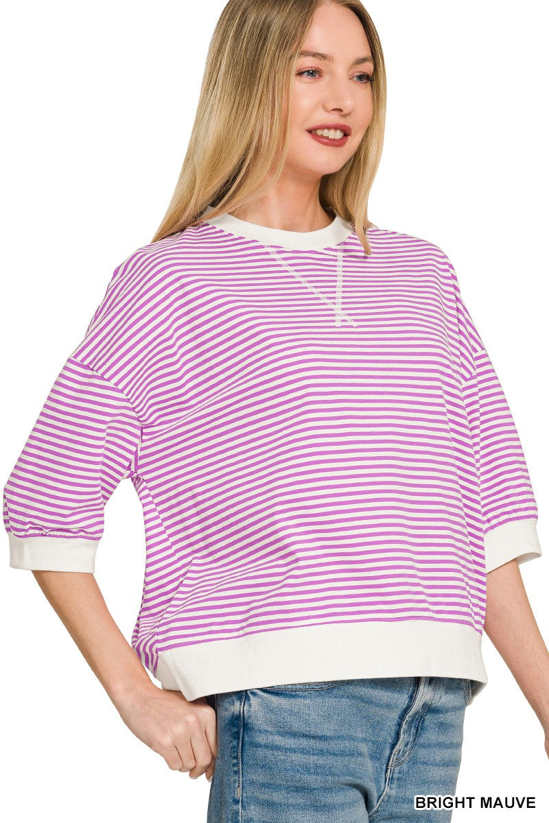 Rib Banded Short Sleeve Stripe Pullover- Bright Mauve