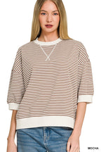 Rib Banded Short Sleeve Stripe Pullover- Mocha