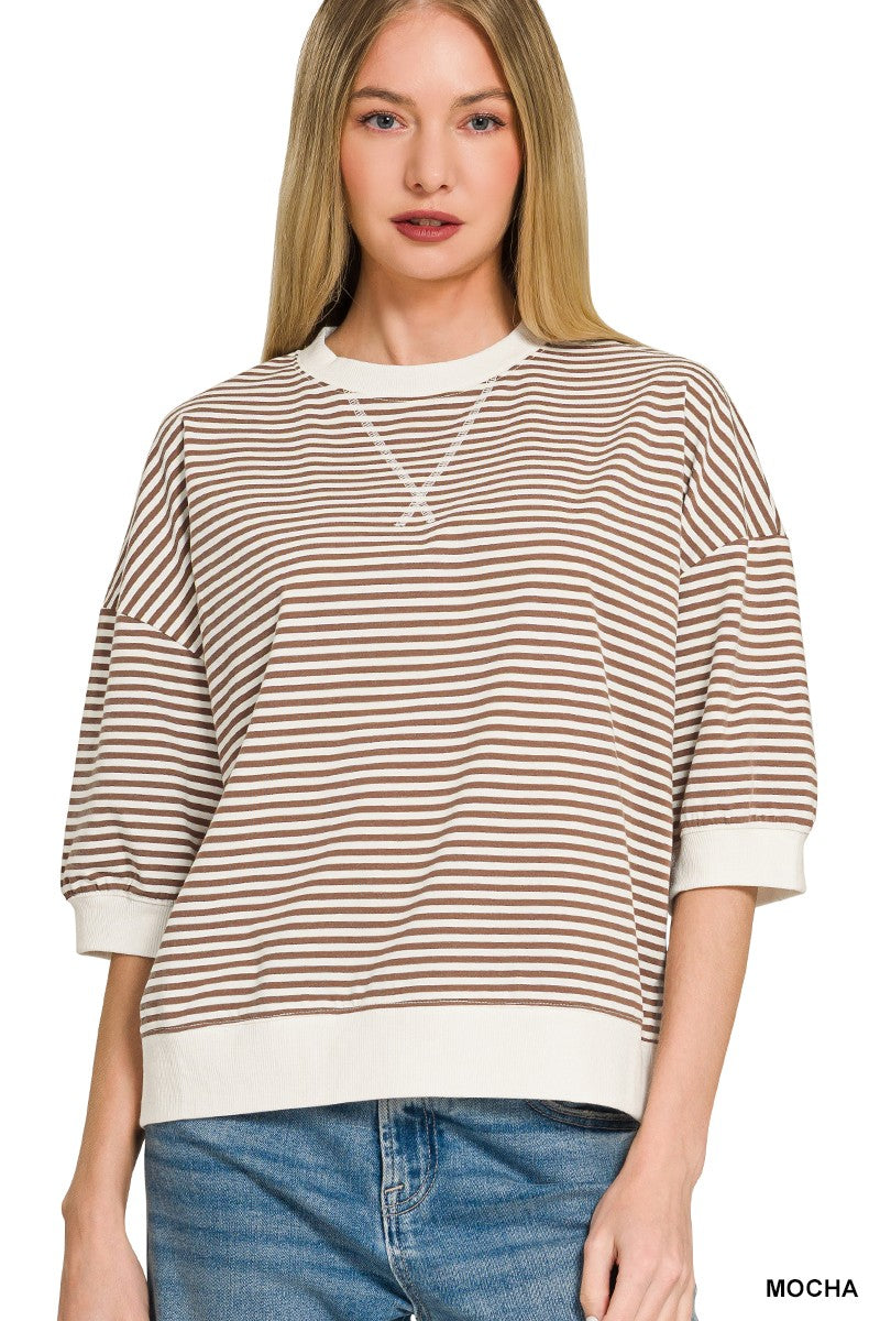Rib Banded Short Sleeve Stripe Pullover- Mocha