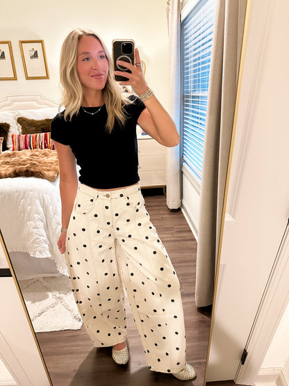 Polka Dot Denim Pants- Black