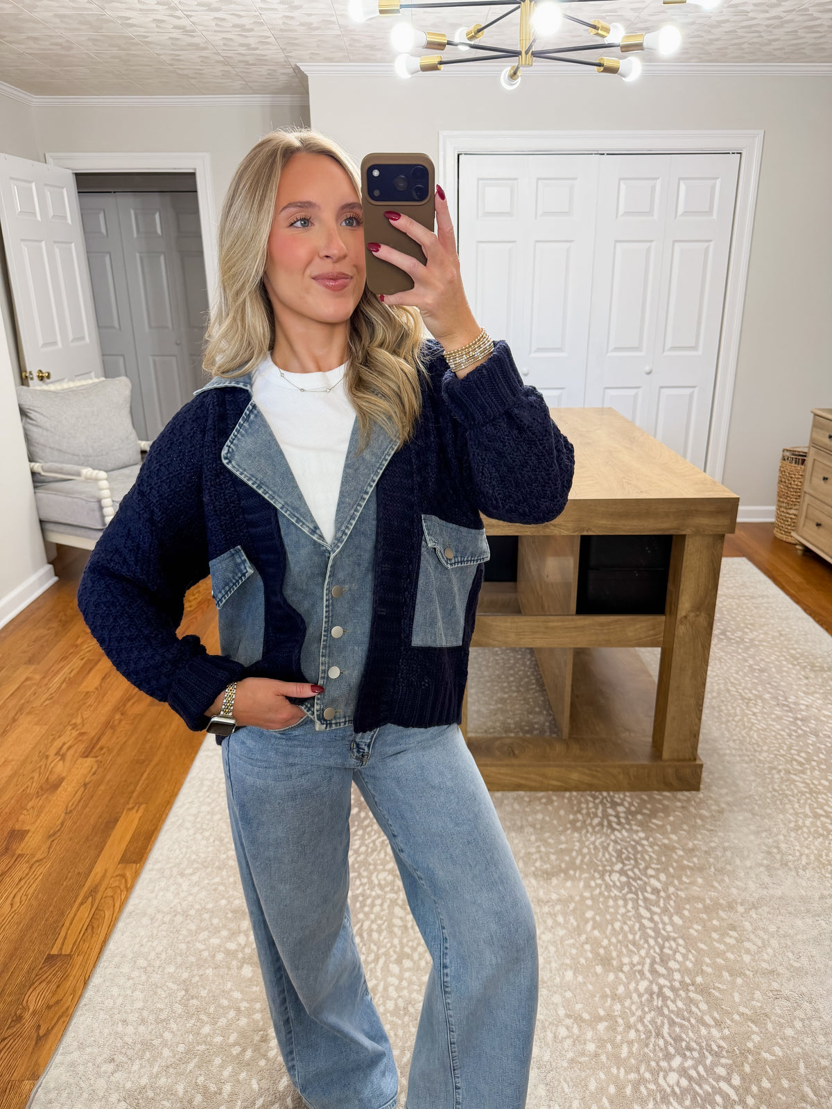 Cable Knit Denim Trim Jacket- Navy