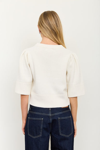 Puff Shoulder Short Sleeve Cropped Sweater- Cream