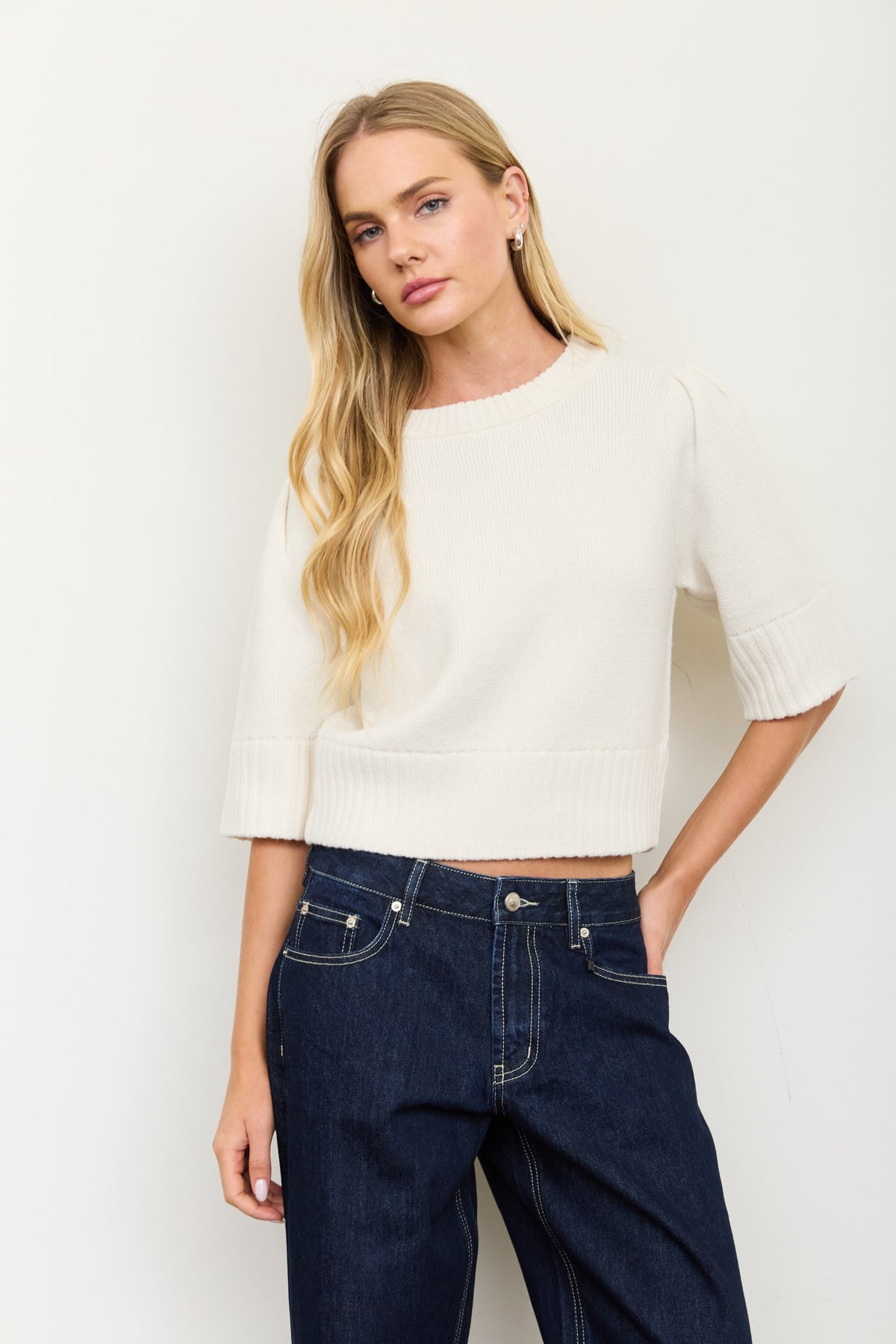 Puff Shoulder Short Sleeve Cropped Sweater- Cream