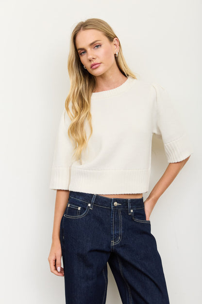 Puff Shoulder Short Sleeve Cropped Sweater- Cream