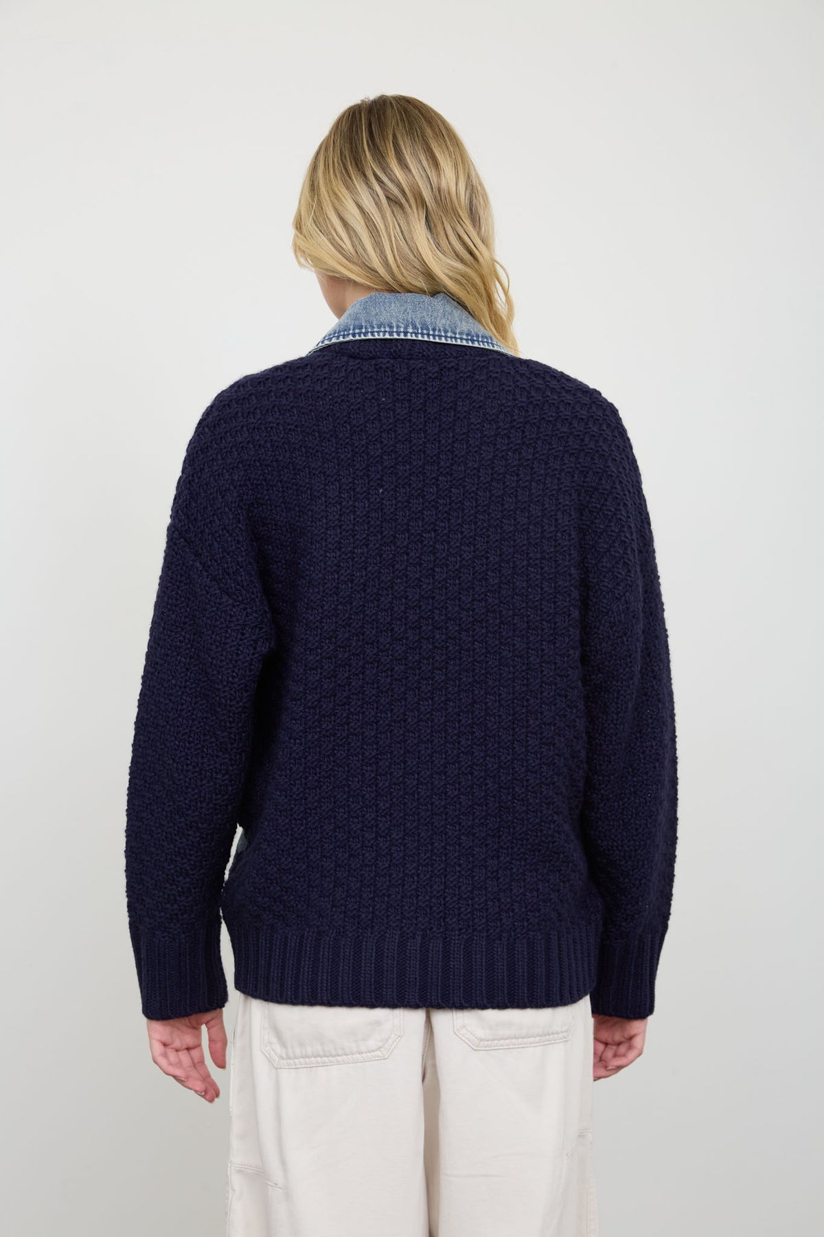 Cable Knit Denim Trim Jacket- Navy