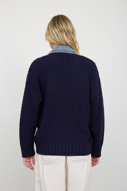 Cable Knit Denim Trim Jacket- Navy