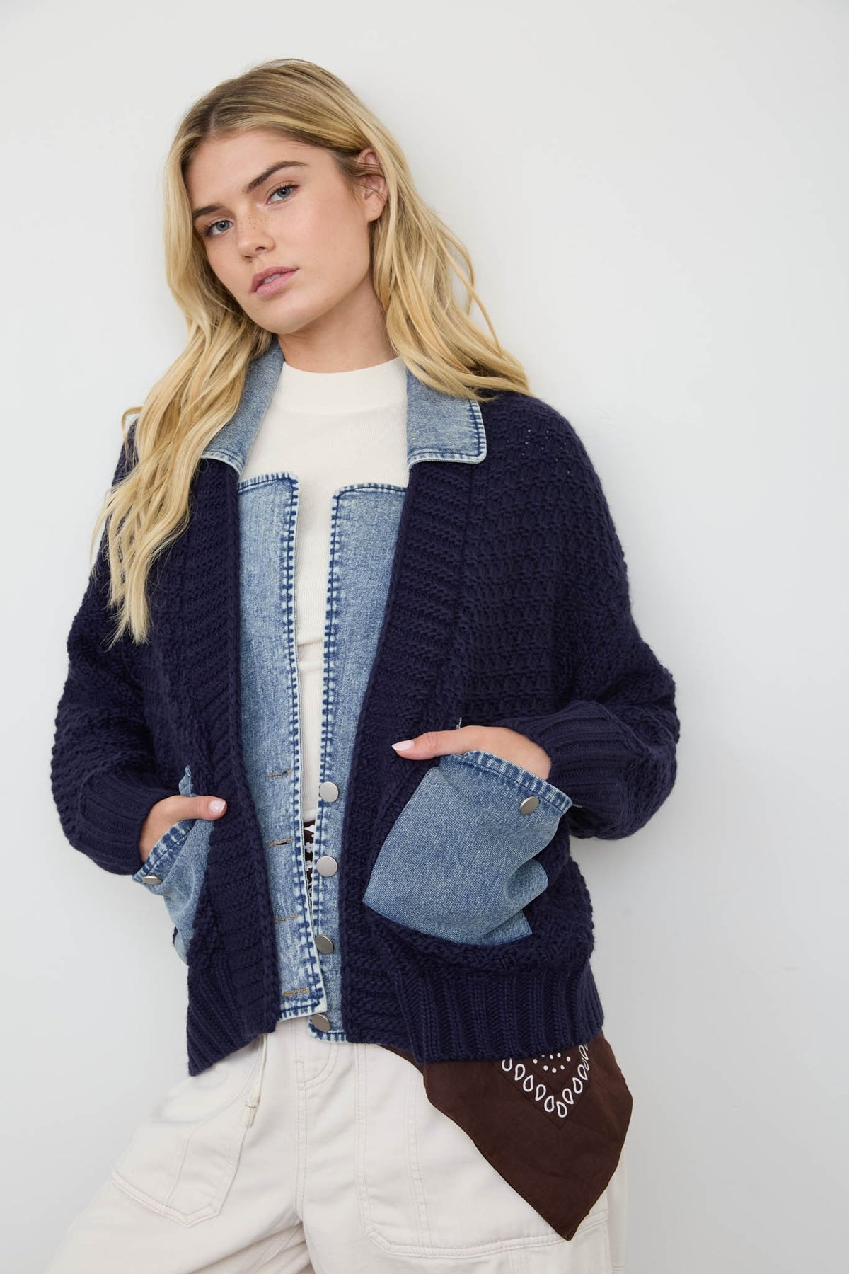 Cable Knit Denim Trim Jacket- Navy