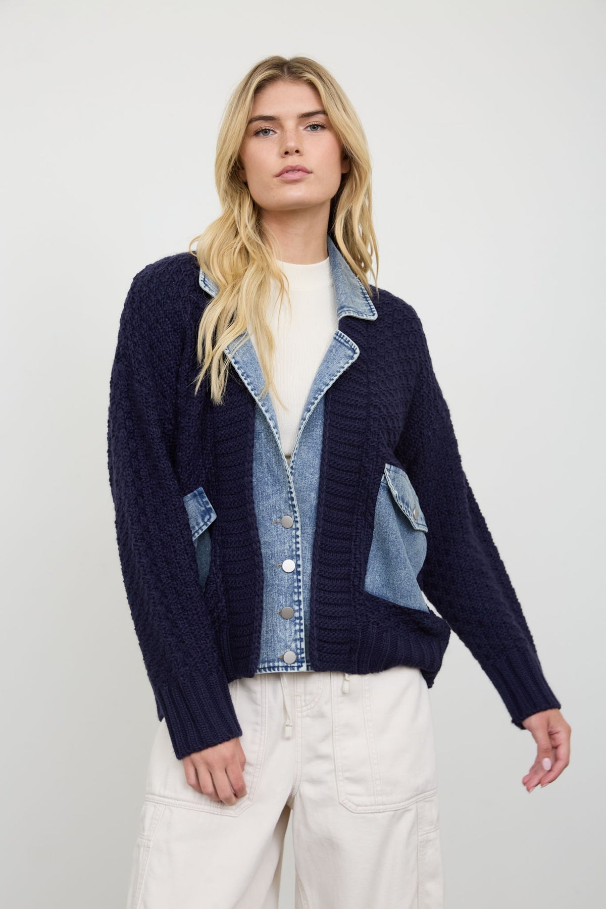 Cable Knit Denim Trim Jacket- Navy