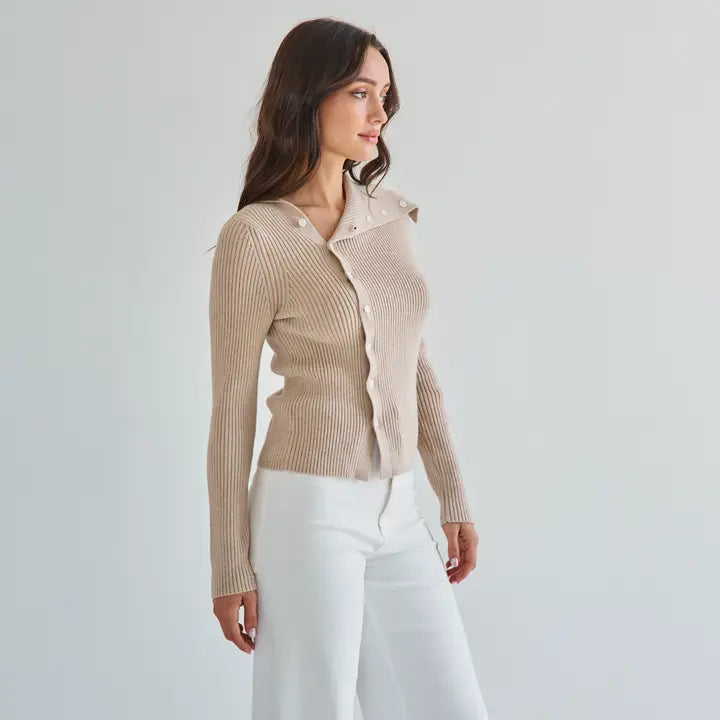 Asymmetrical Button Sweater- Sand