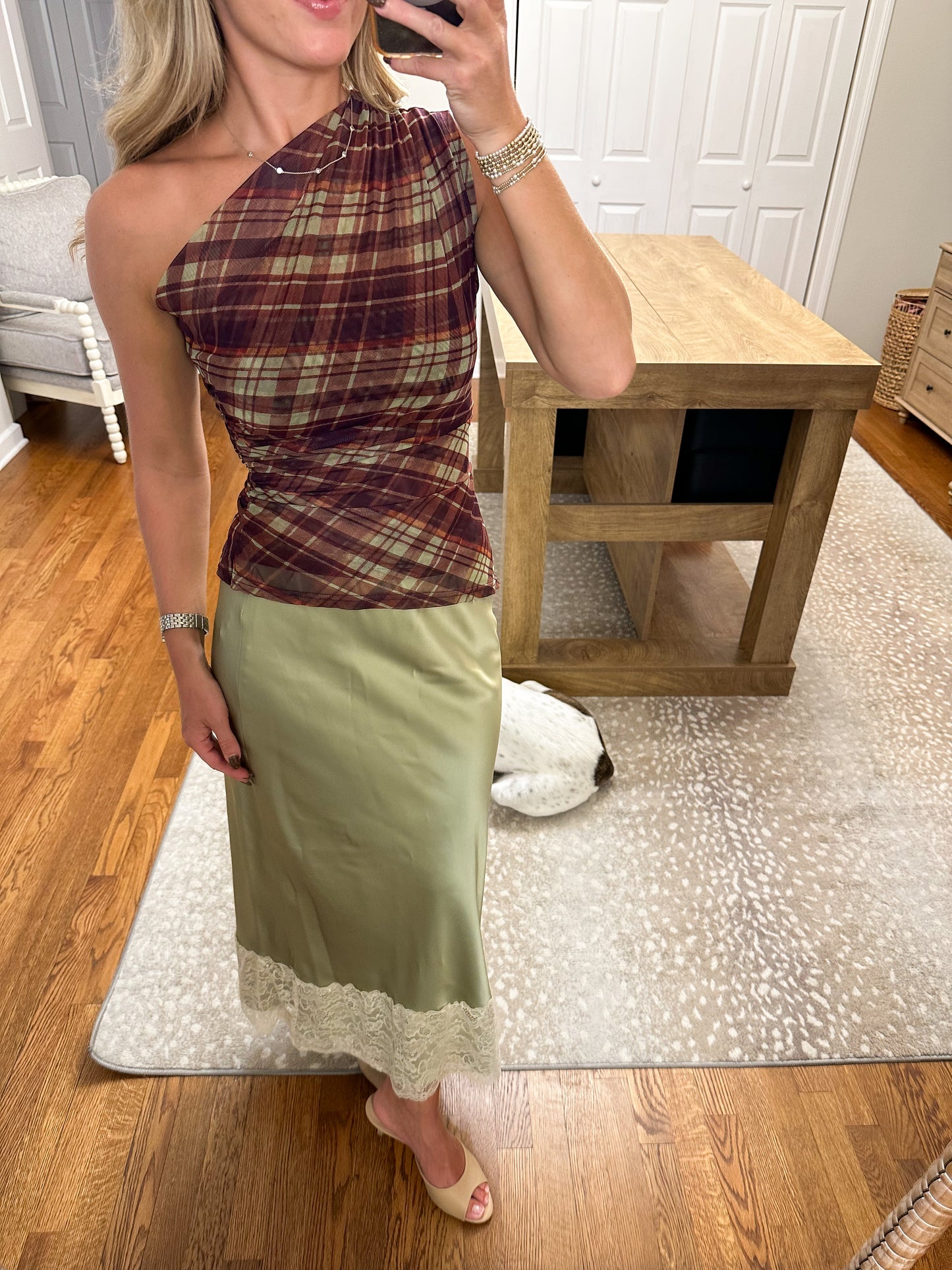 Janie Plaid Mesh Top- Brown