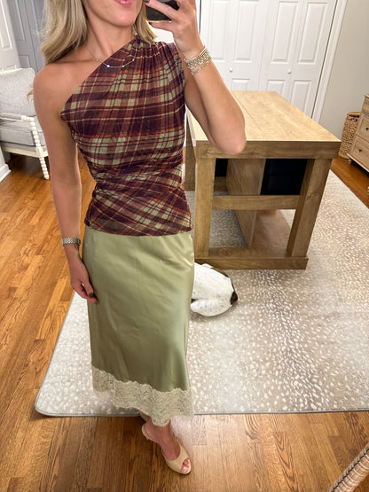 Janie Plaid Mesh Top- Brown