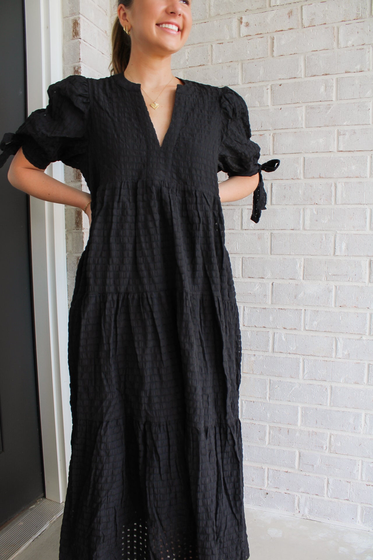 Tiered Midi Dress with Bow Tie Sleeves