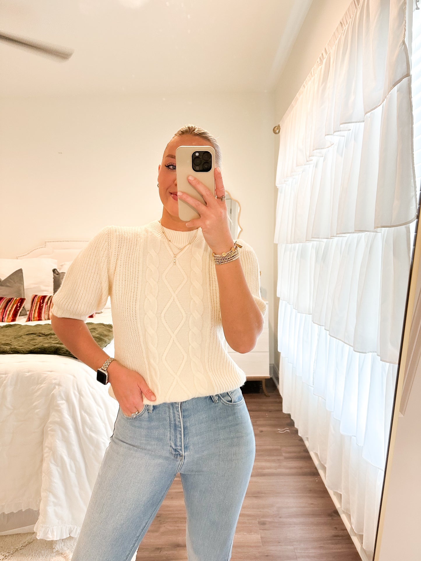 Cream Short Puff Sleeve Sweater