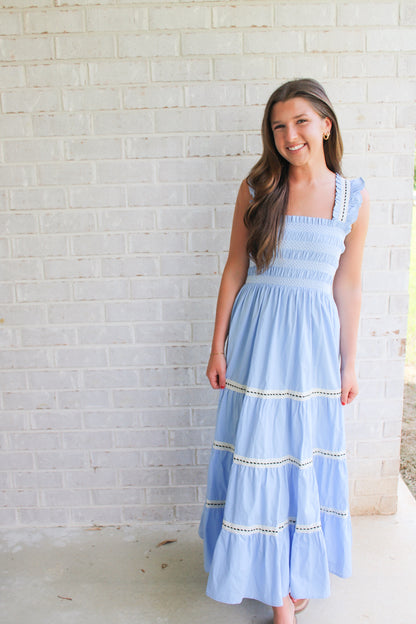 Shoulder Tie Smocked Maxi- Light Blue
