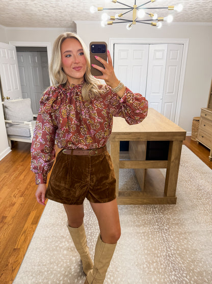 Vivi Ruffle Neck Top- Brick