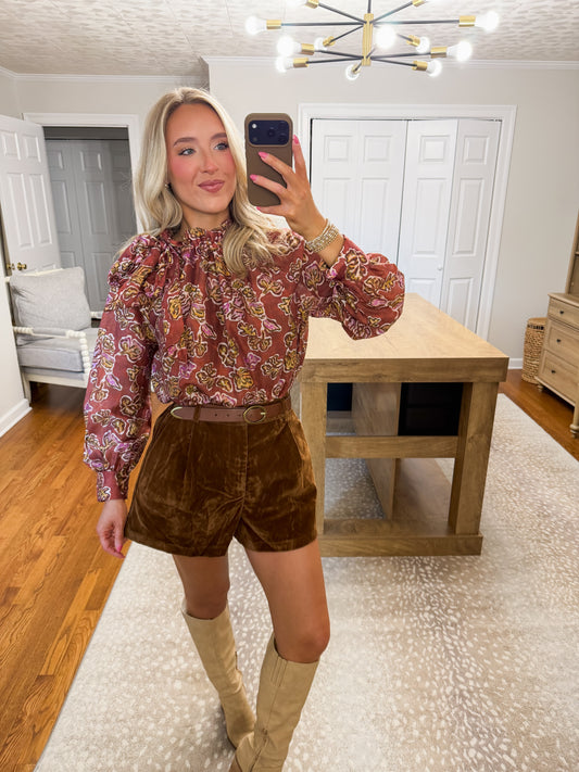 Vivi Ruffle Neck Top- Brick