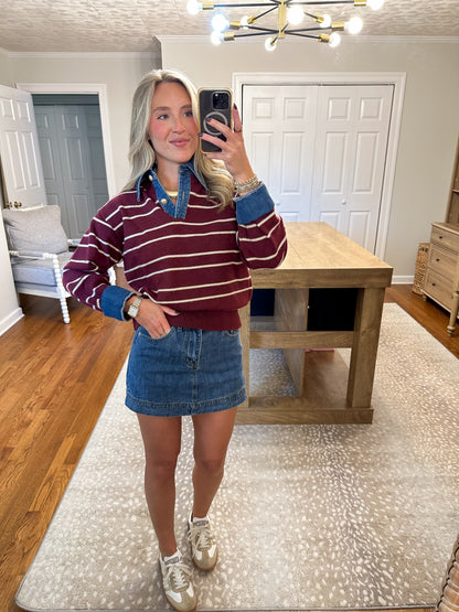 Sofia Stripe Collared Sweater- Burgundy