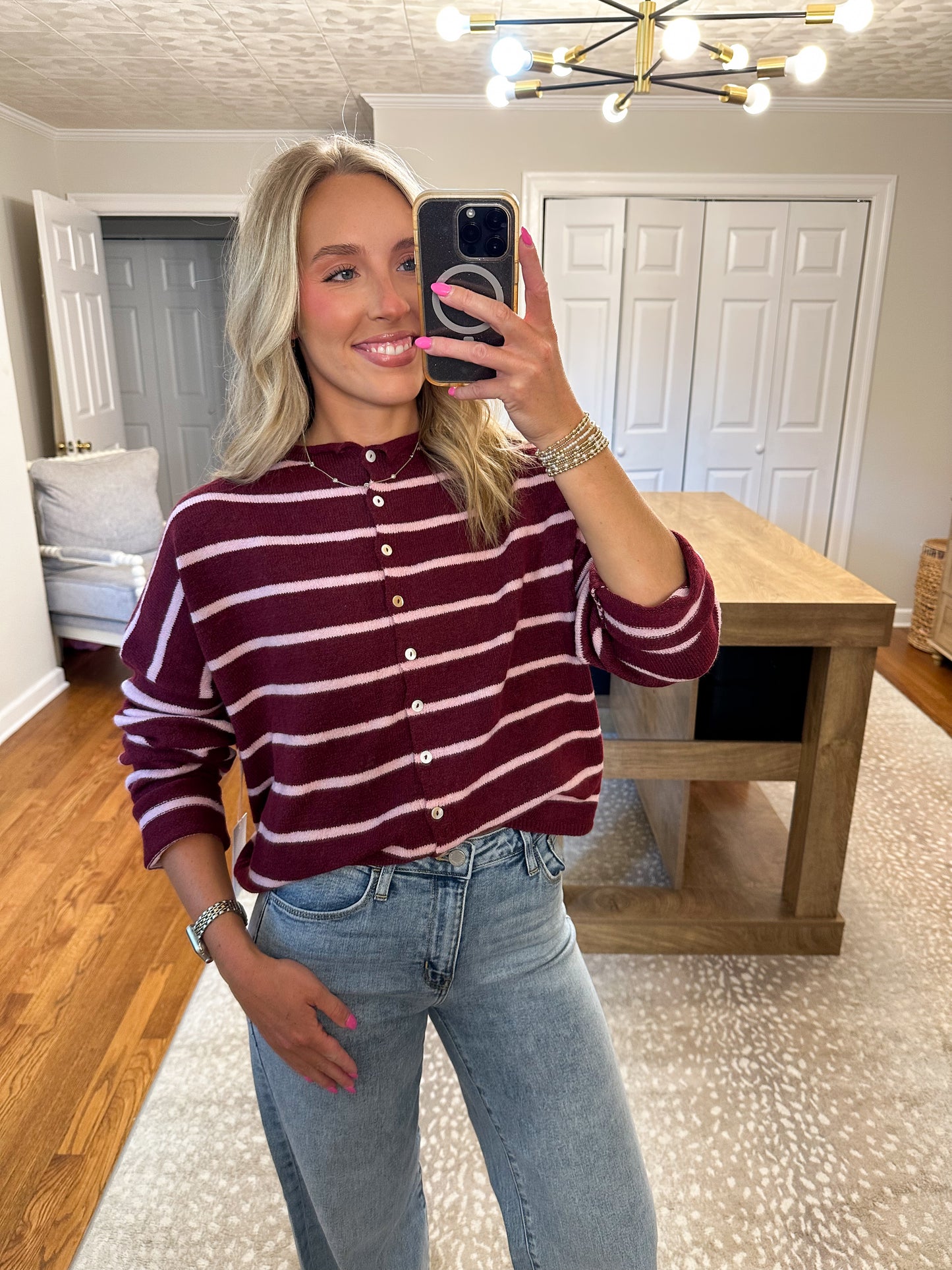 Piper Cardigan Cabana Striped- Wine/Pink