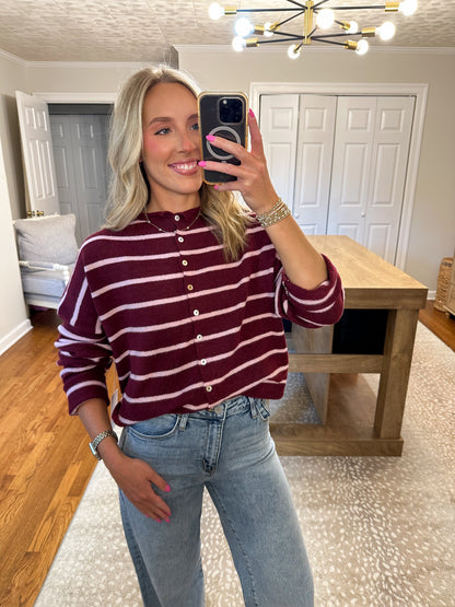 Piper Cardigan Cabana Striped- Wine/Pink