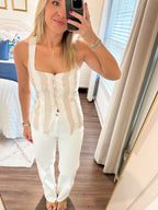 Alise Stripe Top- White/Khaki