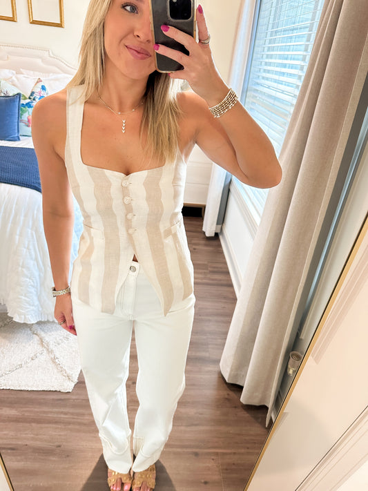 Alise Stripe Top- White/Khaki