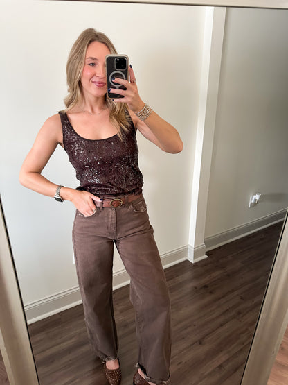 Paris Sequin Tank- Chocolate
