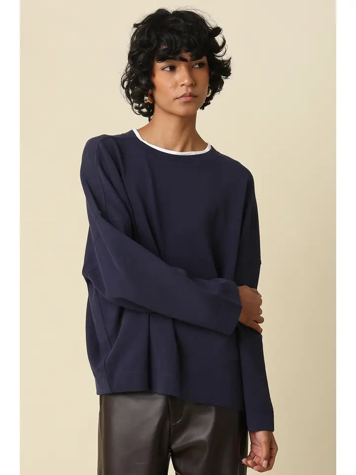 Jamie Contrast Layered Knit Tee- Navy