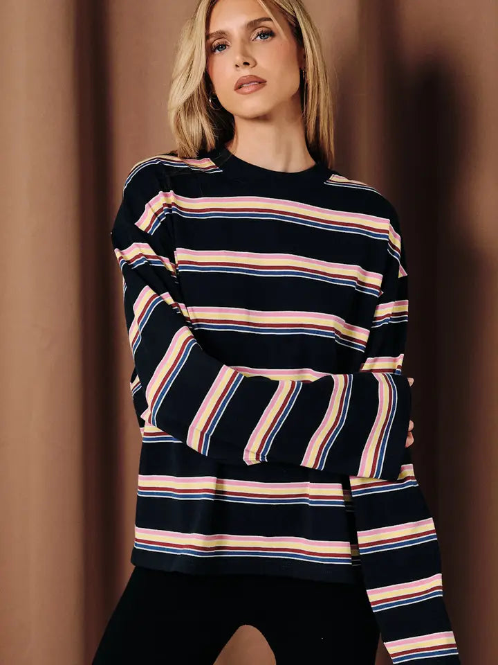 Multi Striped Crew Neck Top- Navy