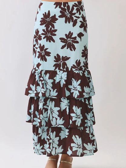 Avena Floral Skirt Set- Blue/Brown