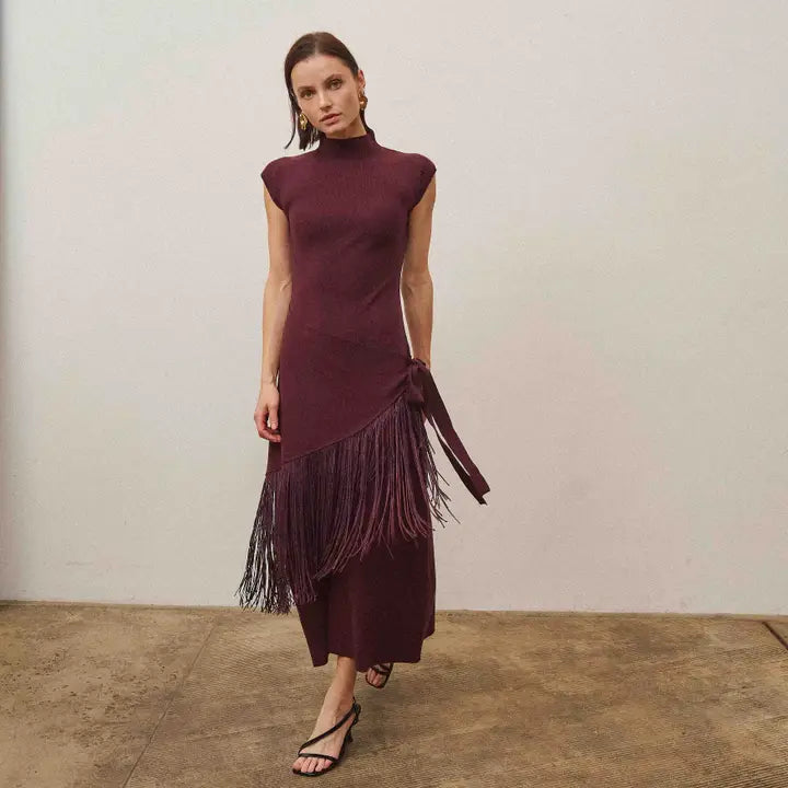 Fringe Faux Wrap Dress- Burgundy